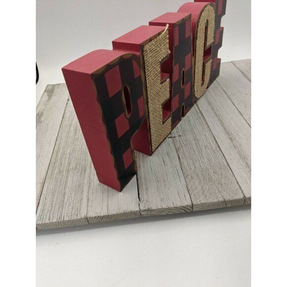 Christmas Farmhouse PEACE Burlap Wood Block Word Red Black Buffalo Check - Picture 3 of 7